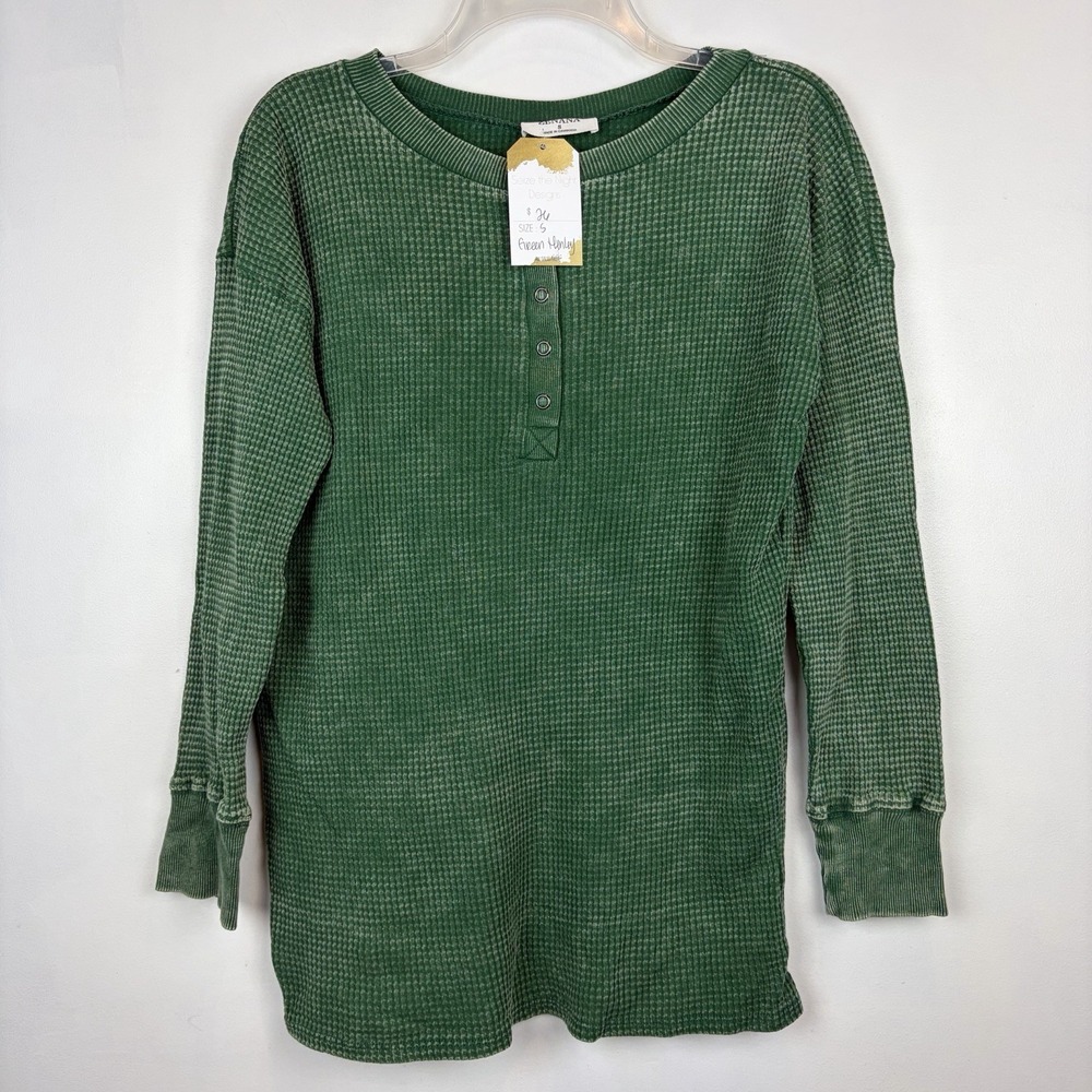 Zenana Waffle Knit Thermal Henley Top Womens Small Kelly Green Acid Oversized